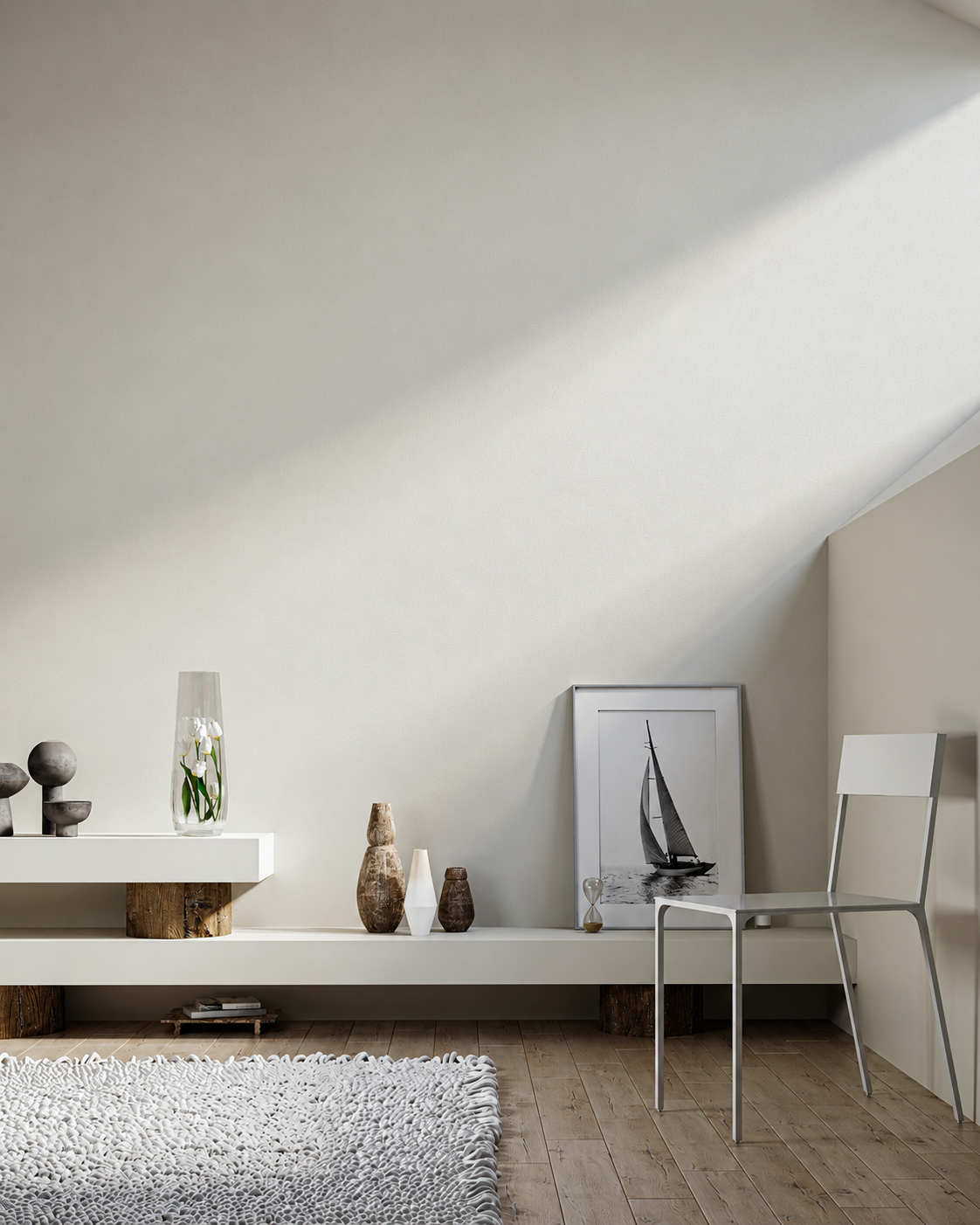 Minimal conceptual interior composition with sculptural objects, artwork, and natural light